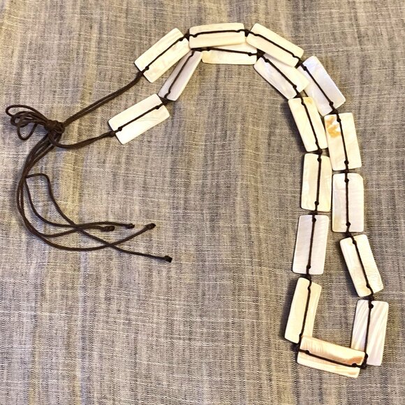 White Rectangle Shells Brown Rope Necklace - Picture 3 of 3